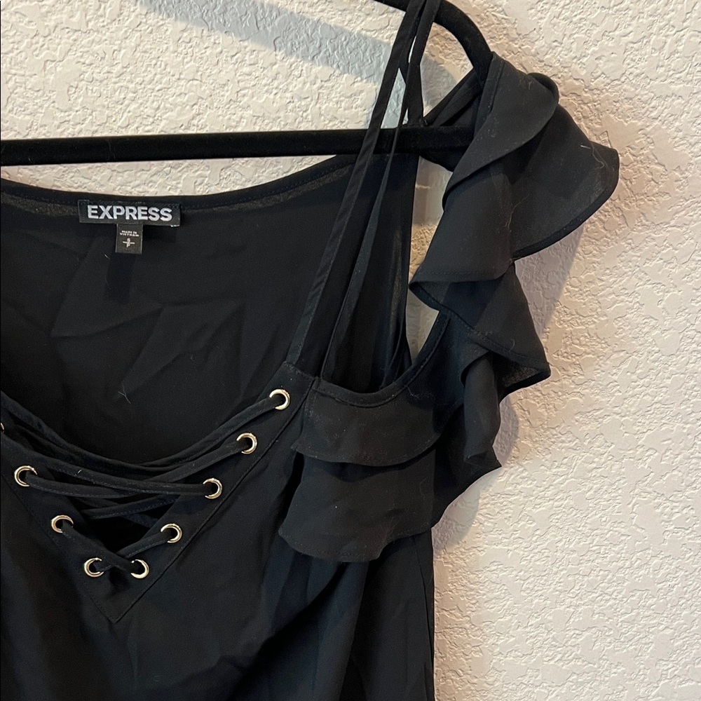 Express Black Lace-Up Ruffle Blouse - Picture 3 of 6